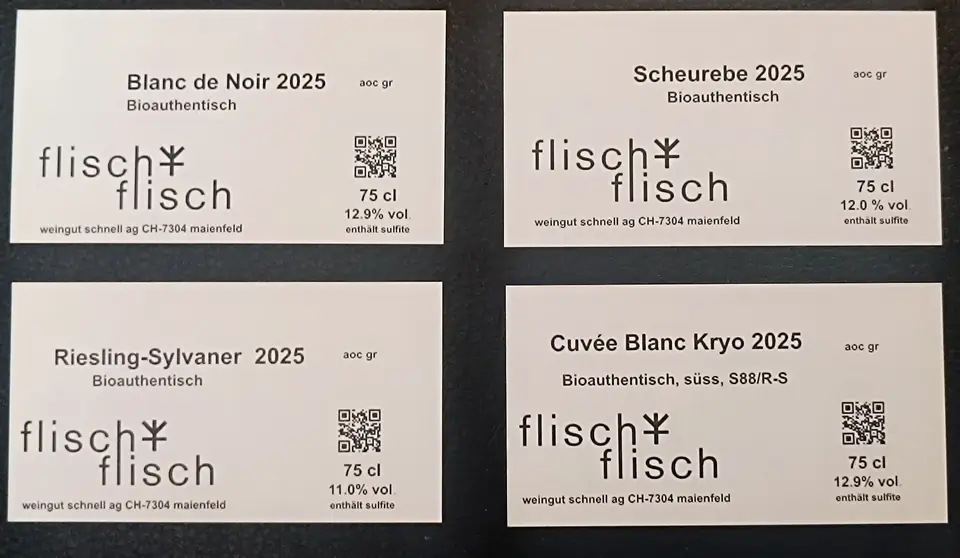 Originaletiketten der neuen Weissweine und der Kryoselektion